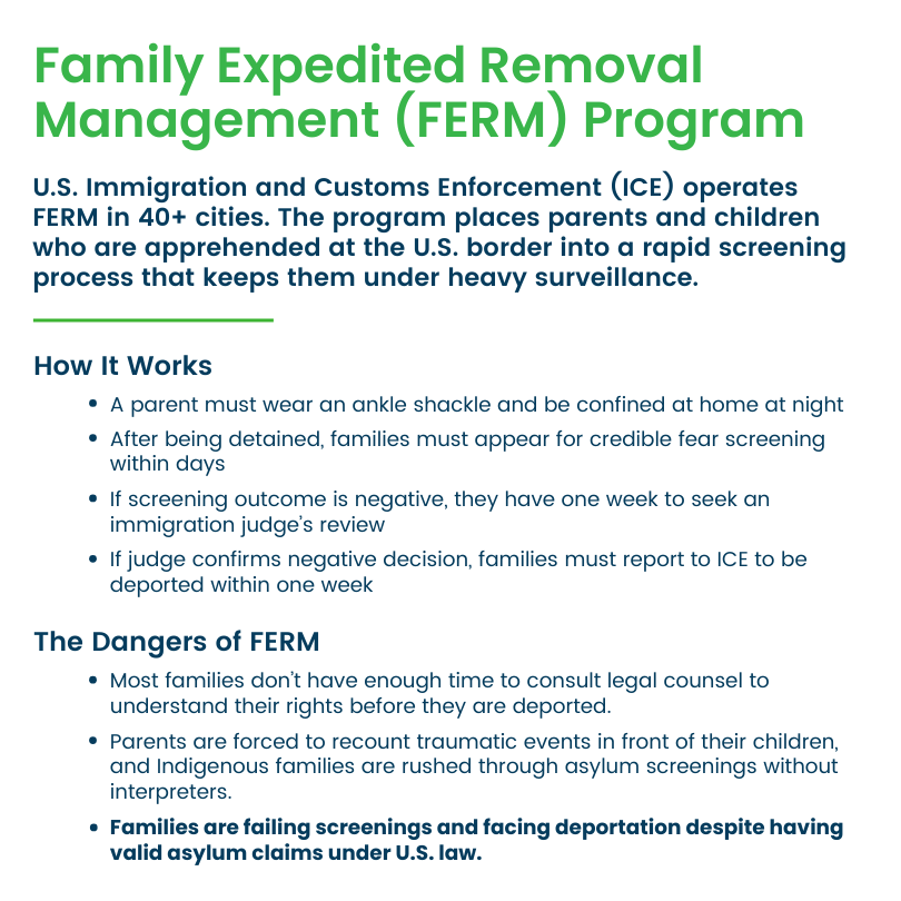 Graphic with FERM history text. Visit: https://immigrantjustice.org/staff/blog/rushed-and-punished-president-bidens-new-expedited-removal-programs-undermine-asylum