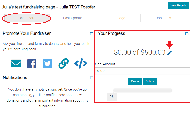 screenshot of fundraiser portal dashboard progress section