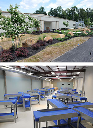 A photo of the front entrance to ICE Farmville Detention Center and a photo of a dorm room containing about 80 beds inside the detention center.