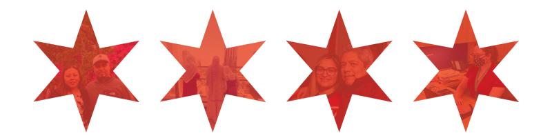 An image of the Chicago flag with photos of Chicago residents superimposed on each of the 4 red stars.