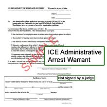 Image of a sample ICE administrative warrant, including text that indicates it is not signed by a judge